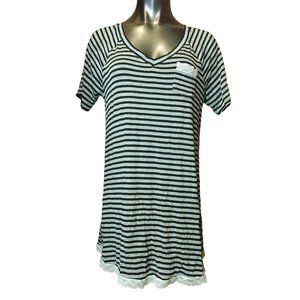 HONEYDEW Womens M Black White Striped Lace Hem Pocket Short Sleeve Tunic Dress